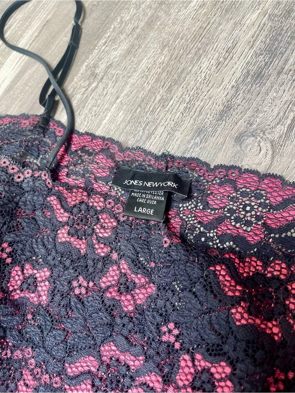 Jones New York Black Satin Slip with Romantic Pink Lace Overlay